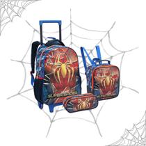 Kit Mochila Rodinha Menino Homem Aranha Escolar Infantil Lancheira Estojo Conjunto Com Efeitos Metálicos