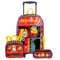 Kit Mochila Rodinha Minions Estojo Duplo e Lancheira Escolar