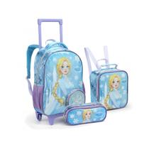 Kit Mochila Rodinha Princesa Da Neve Azul Escolar Meninas