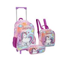 Kit Mochila Rodinha Sereia Unicórnio Escolar Meninas 3 Itens