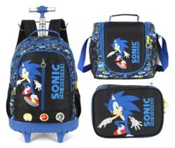 Kit Mochila Rodinha Sonic Lancheira Estojo 2025 Azul Luxcel