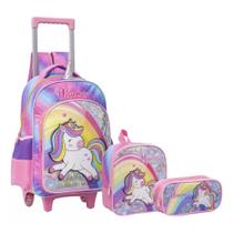 Kit Mochila Rodinha Unicórnio Arco Iris Infantil Escolar Com Lancheira Estojo