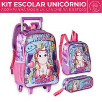 Kit Mochila Rodinhas c/ Lancheira e Estojo Menina Unicórnio