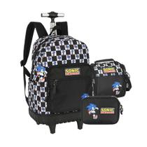 Kit Mochila Rodinhas com Lancheira e Estojo Original Sonic Escolar Infantil Juvenil - LUXCEL