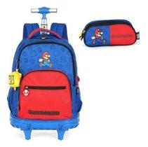 Kit Mochila Rodinhas E Estojo Super Mario Com Porta Moeda - Luxcel