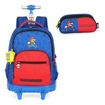 Kit Mochila Rodinhas E Estojo Super Mario Com Porta Moeda