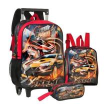 Kit Mochila Rodinhas Escolar Carros Infantil Meninos Lancheira Estojo