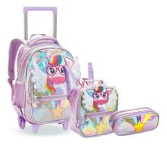 Kit Mochila Rodinhas Escolar Grande Menina Unicórnio Óculos Cor Rosa