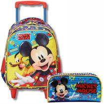 Kit Mochila Rodinhas Escolar Infantil Mickey 18l e Bolsinha