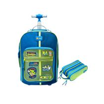 Kit Mochila Rodinhas Escolar Menino Estojo Triplo Color Block