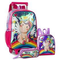 Kit Mochila Rodinhas Escolar Unicornio Fofa Brilho Meninas