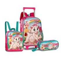 Kit Mochila Rodinhas, Estojo e Lancheira Gatinha Nini Clio