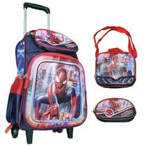 Kit Mochila Rodinhas Estojo Lancheira Escolar 3 Pc Aranha