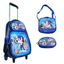 Kit Mochila Rodinhas Estojo Lancheira Escolar 3 Pcs Sonic