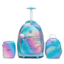 Kit Mochila Rodinhas Estojo Lancheira Escolar Feminino Infantil Azul