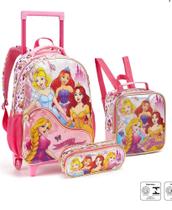 Kit Mochila Rodinhas + Estojo + Lancheira Princesas Boneca Rosa Mochila Escolar Menina