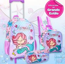 Kit Mochila Rodinhas + Estojo + Lancheira Sereia Mochila Escolar Menina Infantil Kit Mochila Rodinhas + Estojo + Lancheira Sereia Mochila Escolar Menina Infantil