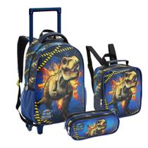 Kit Mochila Rodinhas Estojo Lancheira Térmica Dino World Escolar Azul Seanite