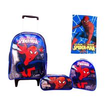 Kit Mochila Rodinhas Infantil Homem Aranha Cor Azul com Lancheira e Estojo