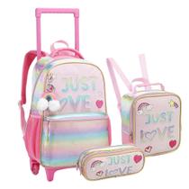 Kit Mochila Rodinhas Infantil Just Love Menina Escolar Lancheira Estojo Seanite