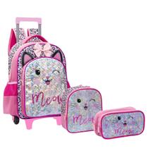 Kit Mochila Rodinhas Infantil Meninas Gatinho Metalizada Yepp