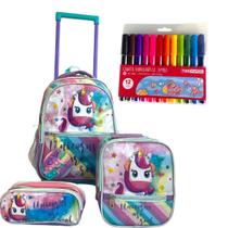 Kit Mochila Rodinhas infantil Unicórnio Pop-It+12 Canetinhas