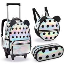Kit Mochila Rodinhas Lancheira Estojo Bolinha Orelhinhas Prata Holografica Escolar Denlex