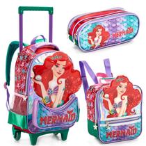 Kit Mochila Rodinhas Lancheira Estojo Duplo Escolar Menina Infantil Ariel Sereia Denlex