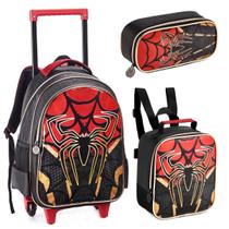 Kit Mochila Rodinhas Lancheira Estojo Duplo Homem Aranha Spider Dark Aranha Miles