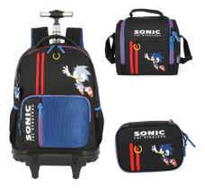 Kit Mochila Rodinhas Lancheira Estojo Sonic C/ Chaveiro