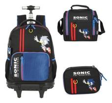 Kit Mochila Rodinhas Lancheira Estojo Sonic Com Chaveiro - Luxcel
