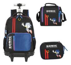 Kit Mochila Rodinhas Lancheira Estojo Sonic Com Chaveiro