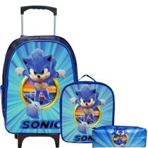 Kit Mochila Rodinhas + Lancheira + Estojo Sonic para Crianças