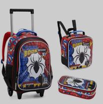 Kit Mochila Rodinhas Lancheira Estojo Spider Comic Book