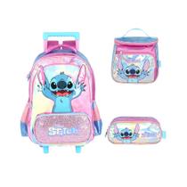 Kit Mochila Rodinhas Lancheira Estojo Stitch Brilhante