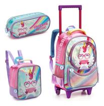 Kit Mochila Rodinhas Lancheira Térmica Estojo Escolar Infantil Unicornio Denlex Rainbown