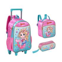 Kit Mochila Rodinhas Sereia Lancheira Estojo Feminina Infantil Escolar
