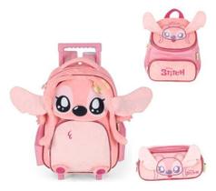 Kit Mochila Rodinhas Stitch Angel Pelúciado Apliques Em 3D - Luxcel