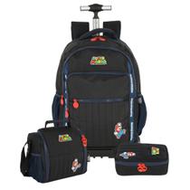 Kit Mochila Rodinhas Super Mario Bros Lancheira E Estojo Box