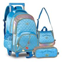 Kit Mochila Rodinhas Sweet Queen Princesas Escolar Feminina Juvenil com Lancheira Estojo e Correntinha Pingente Personalizados