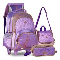 Kit Mochila Rodinhas Sweet Queen Princesas Escolar Feminina Juvenil com Lancheira Estojo e Correntinha Pingente Personalizados