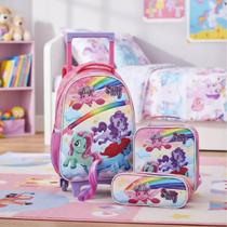 Kit Mochila Rodinhas Unicórnios Poney Mochila Lancheira Estojo Escolar Menina