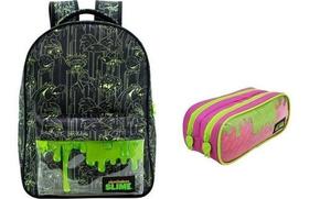 Kit Mochila Slime Preta 2 Nickelodeon + Estojo Rosa