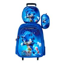 Kit Mochila Sonic 2 em 3D com Rodinhas + Lancheira Térmica + Estojo Escolar Alto Relevo Kit Mochila Sonic 2 em 3D com Rodinhas + Lancheira Térmica + Estojo Escolar Alto Relevo