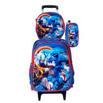Kit Mochila Sonic 2 em 3D com Rodinhas + Lancheira Térmica + Estojo Escolar Alto Relevo