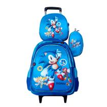 Kit Mochila Sonic 2 em 3D com Rodinhas + Lancheira Térmica + Estojo Escolar Alto Relevo