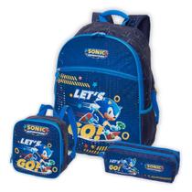Kit Mochila Sonic Costas Lancheira Térmica E Estojo Triplo Cor:Azul