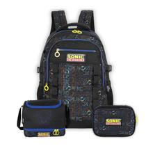 Kit Mochila Sonic de Costas Lancheira E Estojo Box Reforçada Cor:Preto