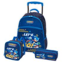 Kit Mochila Sonic de Rodas Lancheira Térmica E Estojo Triplo Cor:Azul