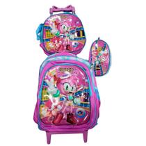 Kit Mochila Sonic Feminina com Rodinhas em 3D + Lancheira Térmica + Estojo Escolar